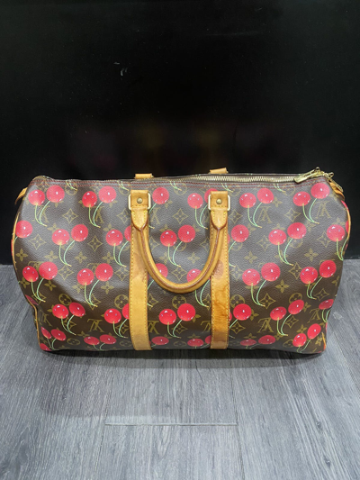 Pre-owned Louis Vuitton Murakami Cherry Keepall Duffle Bag 45 In Brown