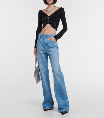 Rabanne Stud Detail Long Sleeve Crop Top In Black