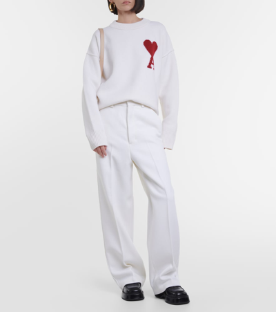 Shop Ami Alexandre Mattiussi High-rise Wool-blend Wide-leg Pants In White