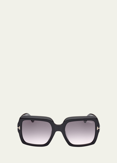 Shop Tom Ford Kaya Beveled Acetate Square Sunglasses In Shiny Black