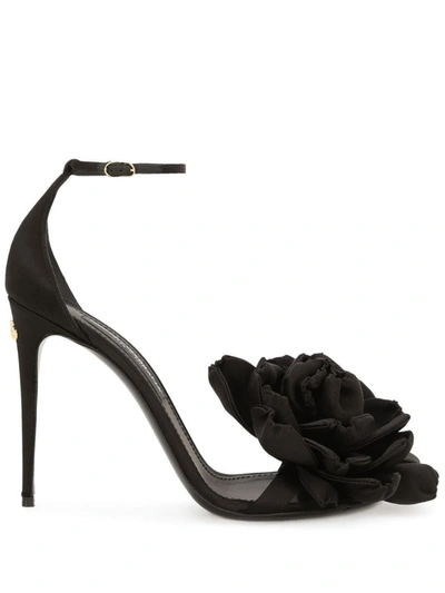 Shop Dolce & Gabbana Satin Sandal With Flower In Black