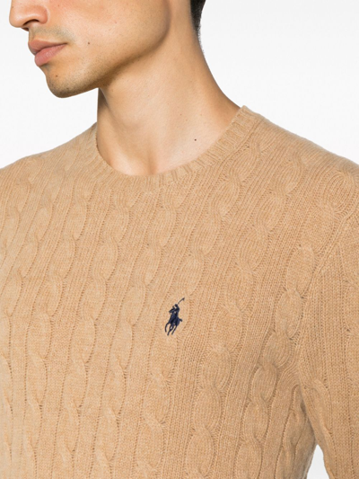 Polo Ralph Lauren Beige Cable Knit Crewneck Sweater With Pony Embroidery On The Front In Wool And Cashmere Man In Nude