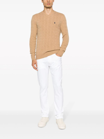 Polo Ralph Lauren Beige Cable Knit Crewneck Sweater With Pony Embroidery On The Front In Wool And Cashmere Man In Nude
