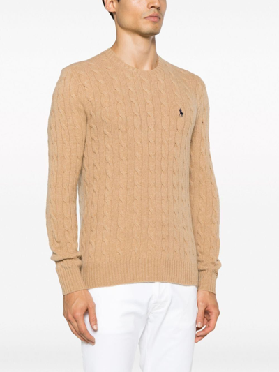 Polo Ralph Lauren Beige Cable Knit Crewneck Sweater With Pony Embroidery On The Front In Wool And Cashmere Man In Nude