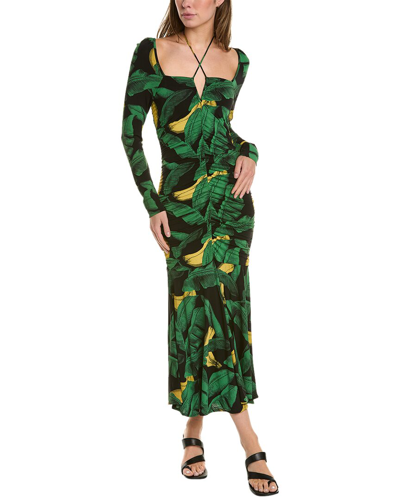 Ganni Palm Print Long Sleeve Gathered Jersey Dress In Black