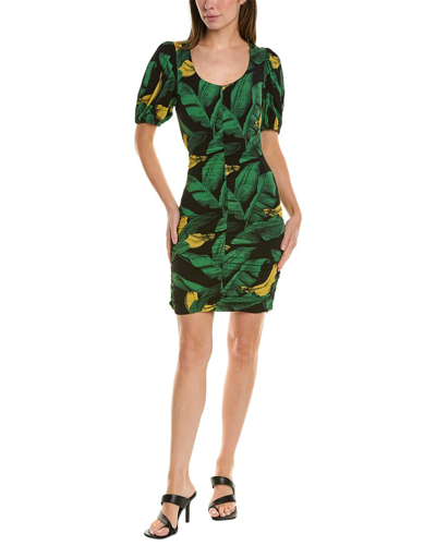 Ganni Printed Drapey Jersey Mini Dress In Black