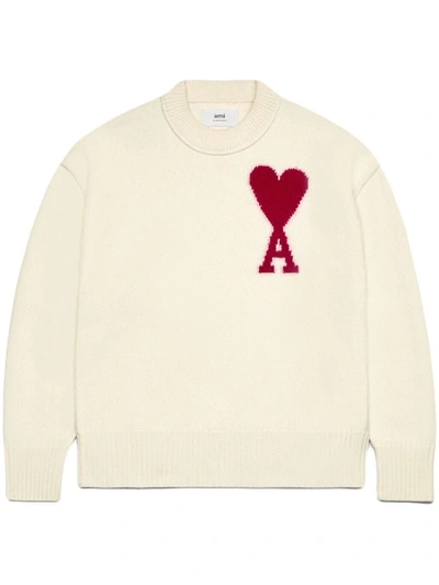 Shop Ami Alexandre Mattiussi Ami De Coeur Wool Cardigan In Off-white/red