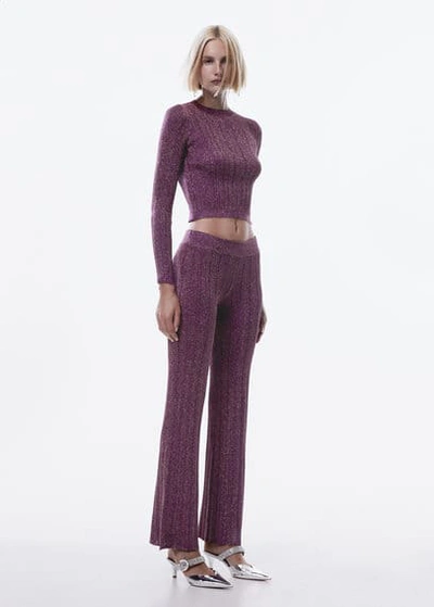Shop Mango Lurex-knit Flared Trousers Purple