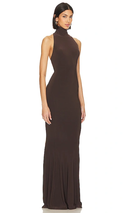 Shop Norma Kamali Halter Turtle Fishtail Gown In Chocolate