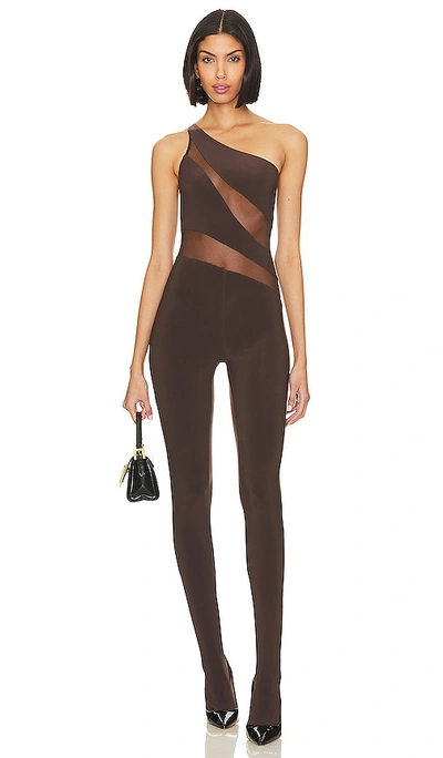 Shop Norma Kamali Snake Mesh Catsuit With Footsie In Chocolate