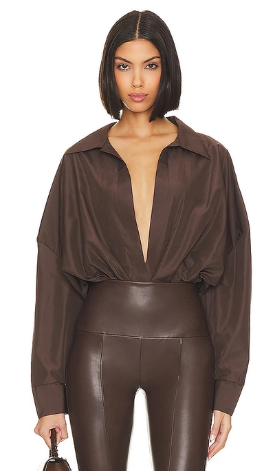 Shop Norma Kamali Oversized Boyfriend Shirt Bodysuit In Chocolate