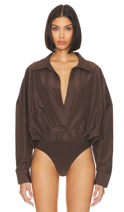 Shop Norma Kamali Oversized Boyfriend Shirt Bodysuit In Chocolate