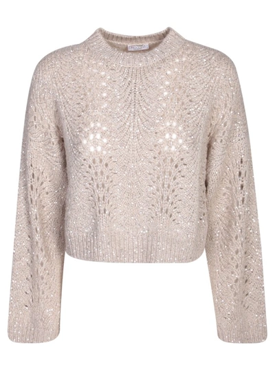 Shop Brunello Cucinelli Beige Open Knit Sweater With Sequin Embellishment In Grey