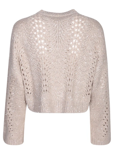 Shop Brunello Cucinelli Beige Open Knit Sweater With Sequin Embellishment In Grey