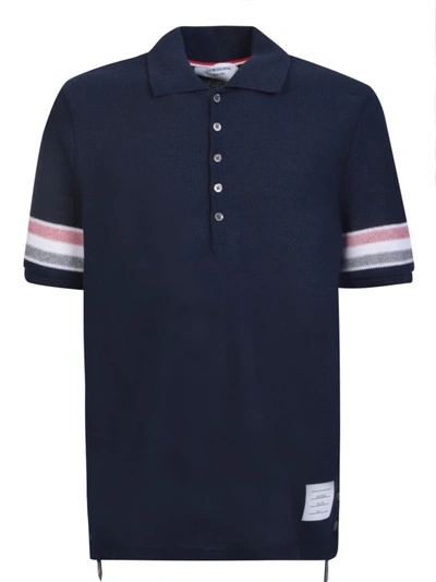 Shop Thom Browne Blue Polo Shirt With Striped Sleeves In Black