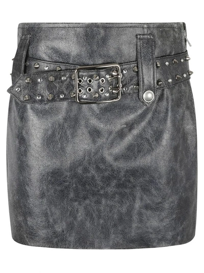 Shop Alessandra Rich Grey Belted Leather Mini Skirt
