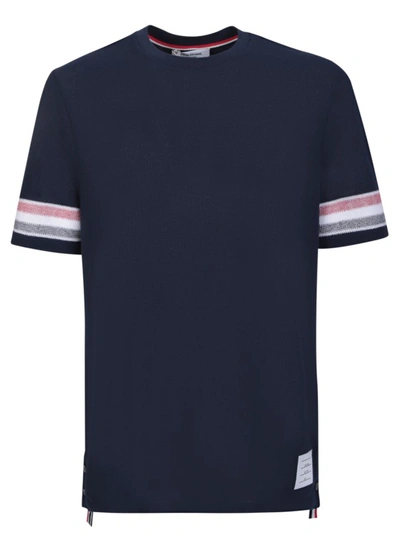 Shop Thom Browne Blue Cotton T-shirt With Stripe Sleeves In Black