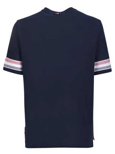 Shop Thom Browne Blue Cotton T-shirt With Stripe Sleeves In Black