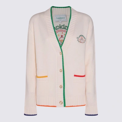 Shop Casablanca White And Multicolour Wool And Cashmere Blend Logo Cardigan In White/multi