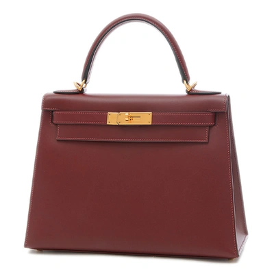 Shop Hermes Hermès Kelly Burgundy Leather Handbag ()