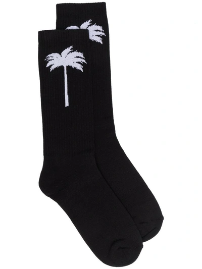 Shop Palm Angels Intarsia-logo Socks In Black