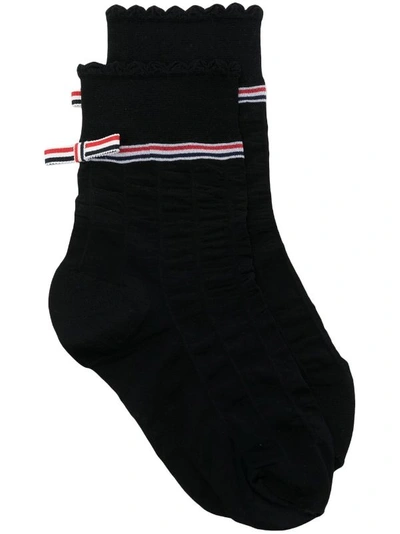 Shop Thom Browne 30 Deniers Ankle Length Socks In Polyester W/ Rwb Stripe And Grosgrain Bow In Black