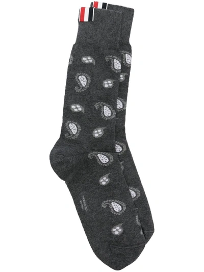 Shop Thom Browne Paisley Intarsia Mid Calf Socks In Cotton In Gray