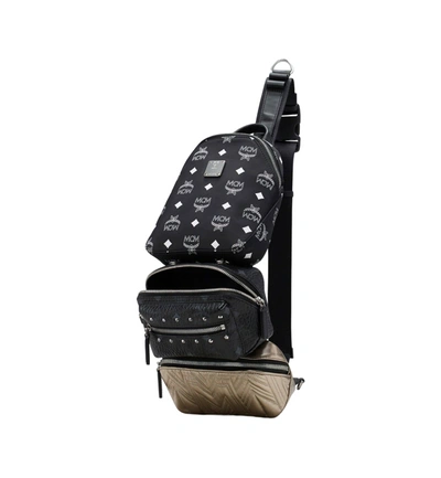 Shop Mcm Black Nylon Visetos Leather Trey 4-in-1 Sling Belt Bag In Black/gold