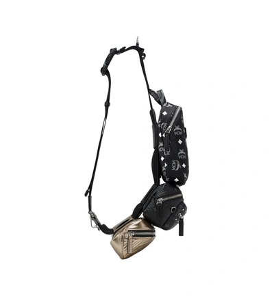 Shop Mcm Black Nylon Visetos Leather Trey 4-in-1 Sling Belt Bag In Black/gold