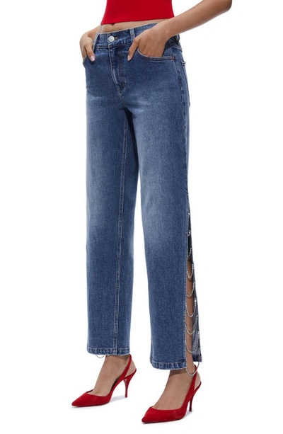 Shop Alice And Olivia Gayle Embellished Split Leg Baggy Jeans In Brooklyn Blue