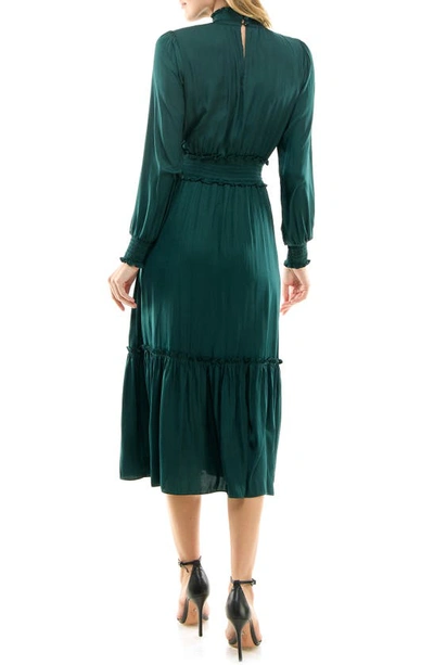 Shop Socialite Smocked Long Sleeve Satin Midi Dress In Evergreen