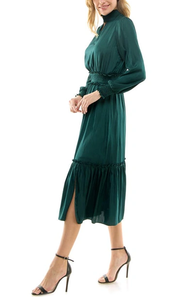 Shop Socialite Smocked Long Sleeve Satin Midi Dress In Evergreen
