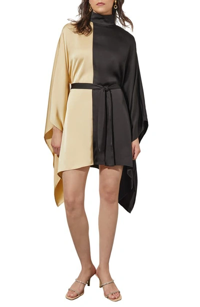 Shop Ming Wang Colorblock Belted Crêpe De Chine Blouse In Gold/ Black