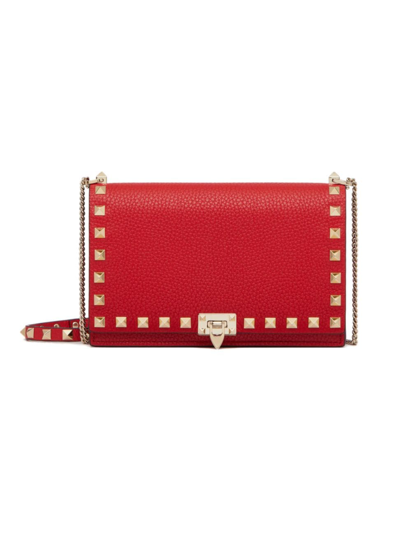 Shop Valentino Women's Grainy Calfskin Pouch With Rockstud Chain In Rouge Pur