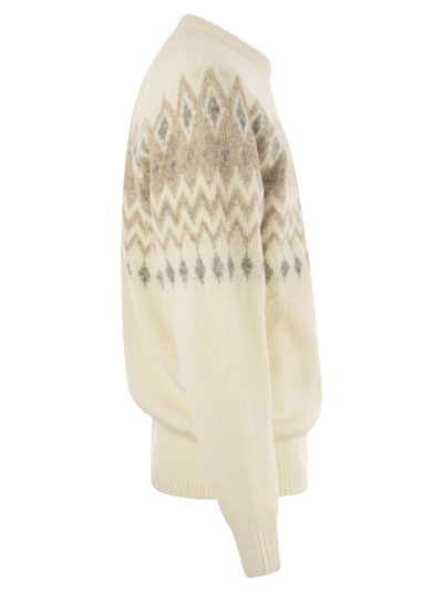 Shop Brunello Cucinelli Icelandic Jacquard Buttoned Sweater In Alpaca, Cotton And Wool In Panama/grey/sand