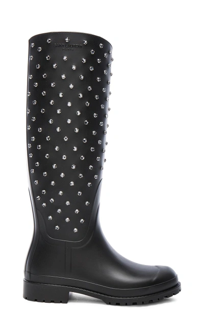 Shop Saint Laurent Crystal Studded Rubber Festival Boots In Black