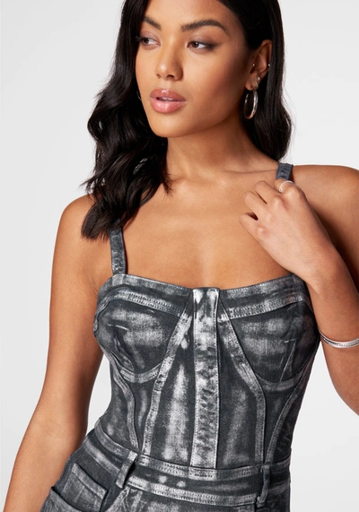 Bebe Fitted Foiled Denim Dress In Indigo Wash,silver Foil
