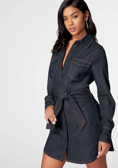 Shop Bebe Belted Button Down Denim Shirt Dress In Midnight Blue Wash