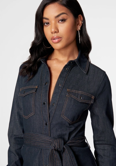 Bebe Belted Button Down Denim Shirt Dress In Midnight Blue Wash