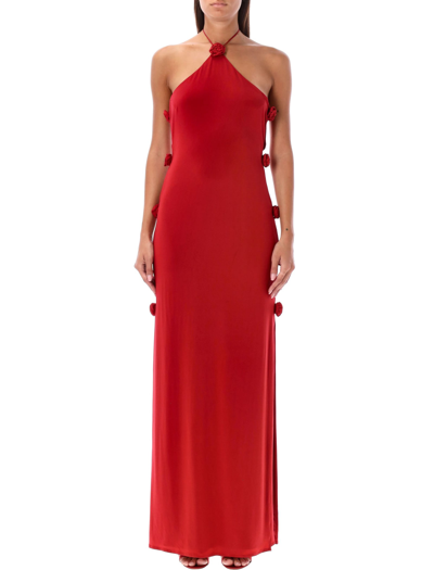 Shop Magda Butrym Open Side Rosette Halter Jersey Maxi Dress In Red