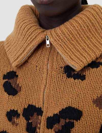 Shop Joseph Leopard Knit Zip Through Jumper In Camel Combo