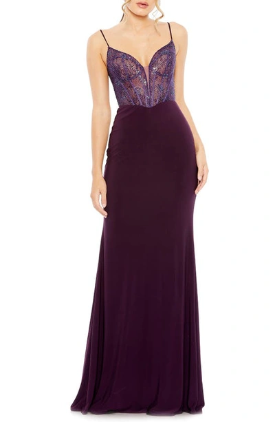Shop Mac Duggal Mixed Media Embellished Lace Sheath Gown In Amethyst