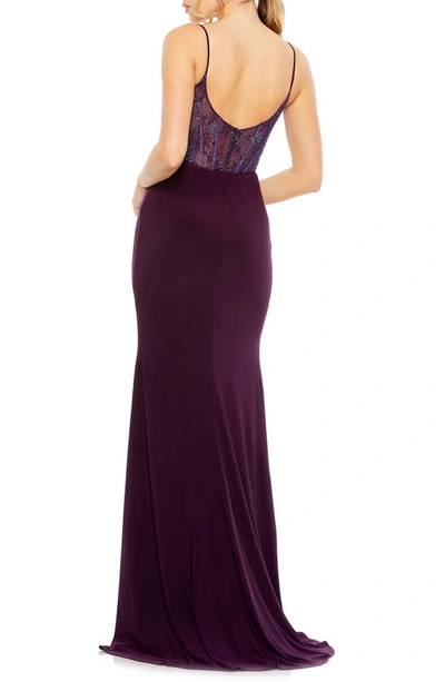 Shop Mac Duggal Mixed Media Embellished Lace Sheath Gown In Amethyst