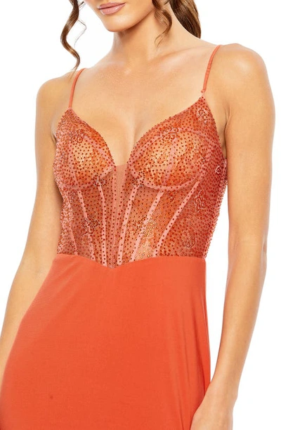 Shop Mac Duggal Mixed Media Embellished Lace Sheath Gown In Orange