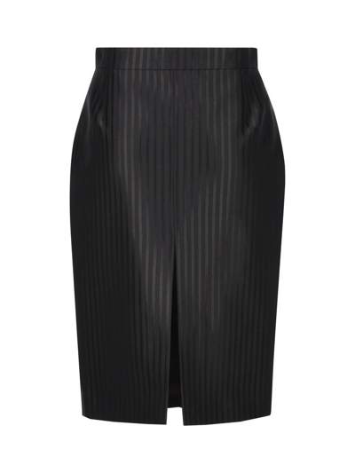 Shop Saint Laurent Stripe Detailed Zipped Pencil Skirt In Black