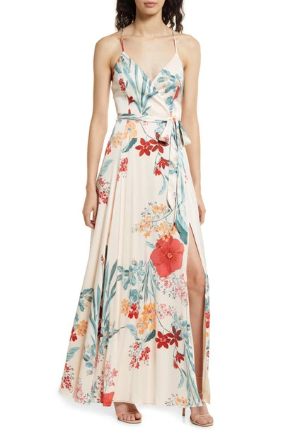 Shop Lulus Still The One Floral Faux Wrap Gown In Cream Floral Print