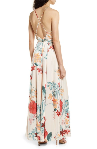 Shop Lulus Still The One Floral Faux Wrap Gown In Cream Floral Print
