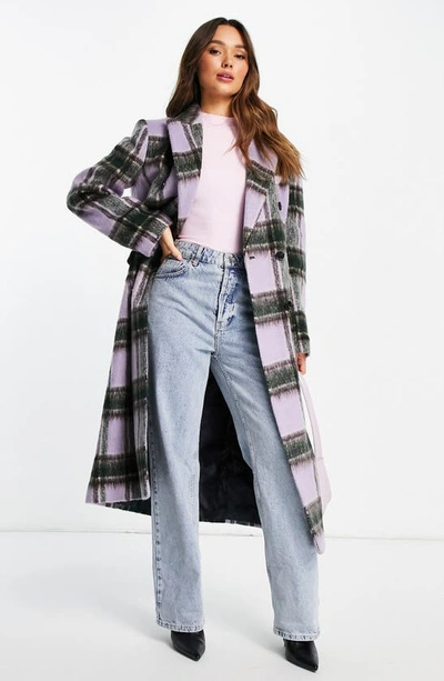 Shop Topshop Plaid Double Breasted Coat In Lilac