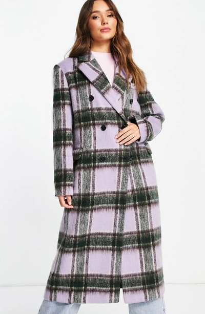 Shop Topshop Plaid Double Breasted Coat In Lilac