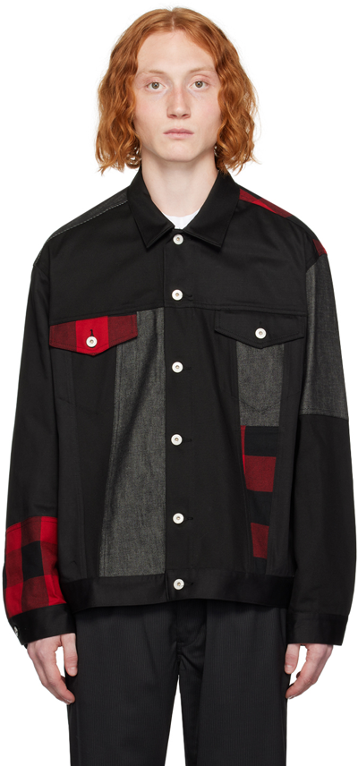 Shop Comme Des Garçons Homme Deux Black Paneled Denim Jacket In 1 Black X Red/blk